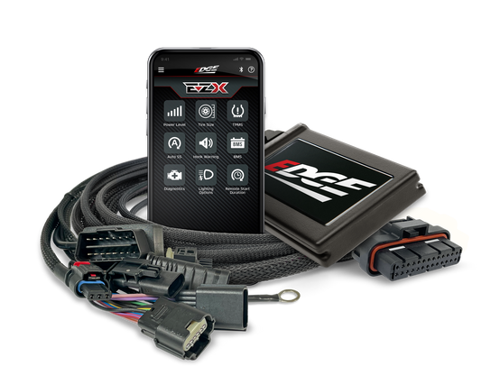 Edge Products EZX tuning device for 2021-2025 Ford F-150 and Raptor, shown in a group shot with the product and packaging.