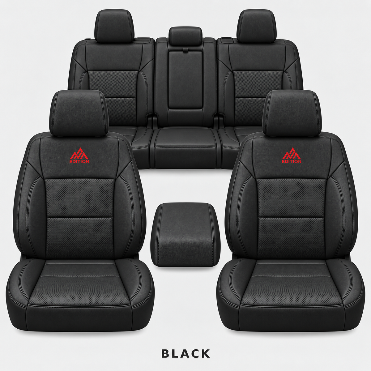 Ford F-150 and Super Duty seat covers in Black leather by OFFactory, OEM-style made-to-order set.