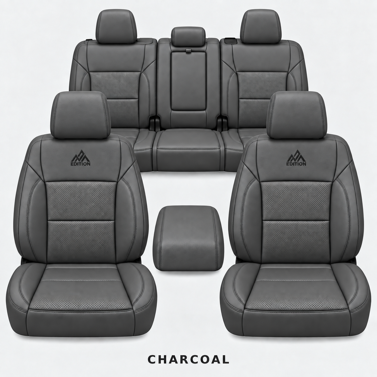 Ford F-150 and Super Duty seat covers in Charcoal leather by OFFactory, OEM-style made-to-order set.