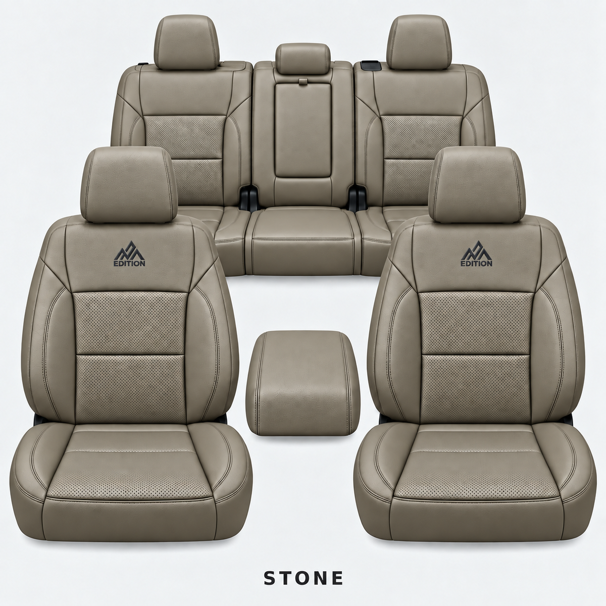 Ford F-150 and Super Duty seat covers in Stone leather by OFFactory, OEM-style made-to-order set.