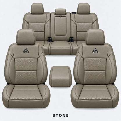 Ford F-150 and Super Duty seat covers in Stone leather by OFFactory, OEM-style made-to-order set.