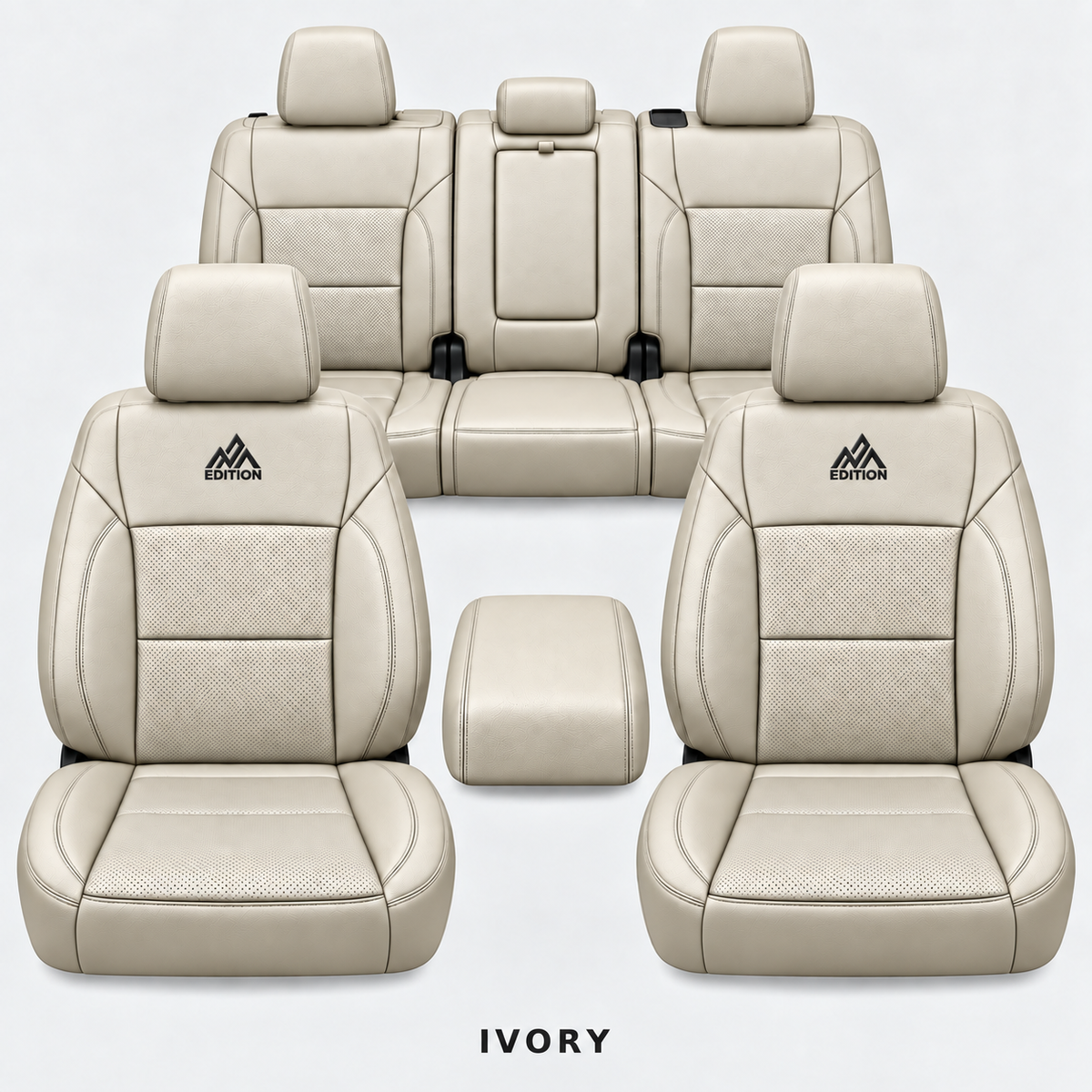 Ford F-150 and Super Duty seat covers in Ivory leather by OFFactory, OEM-style made-to-order set.
