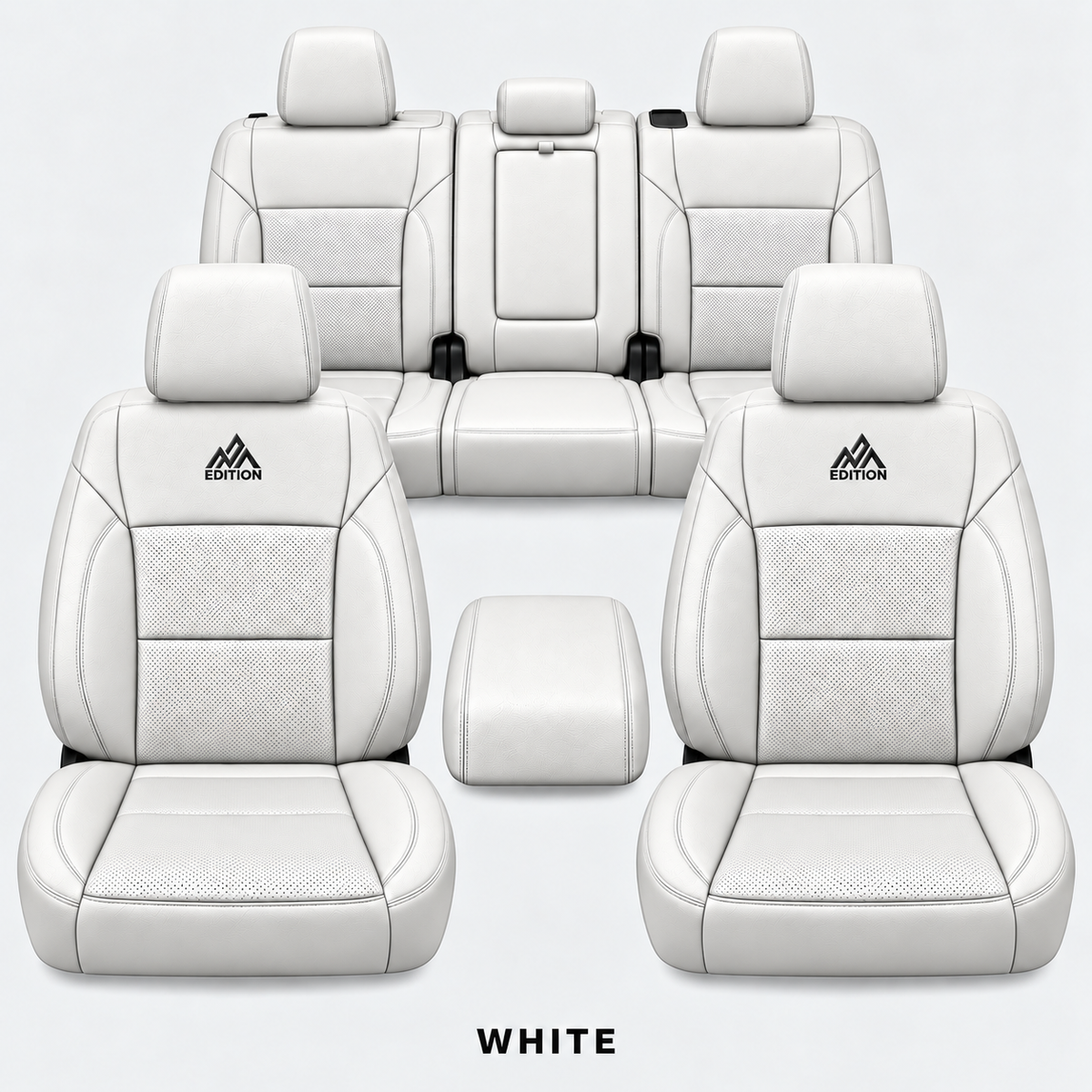 Ford F-150 and Super Duty seat covers in White leather by OFFactory, OEM-style made-to-order set.