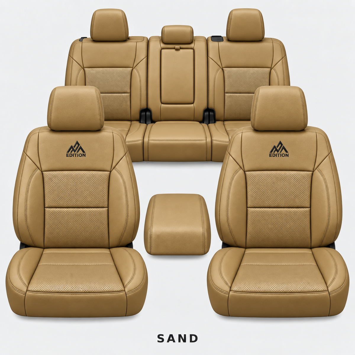 Ford F-150 and Super Duty seat covers in Sand leather by OFFactory, OEM-style made-to-order set.