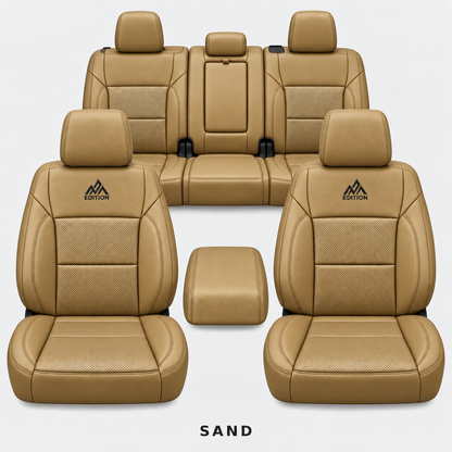 Ford F-150 and Super Duty seat covers in Sand leather by OFFactory, OEM-style made-to-order set.
