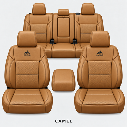 Ford F-150 and Super Duty seat covers in Camel leather by OFFactory, OEM-style made-to-order set.