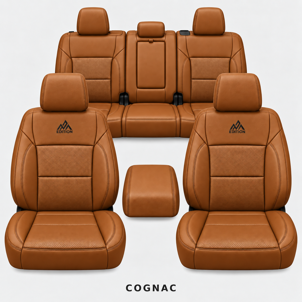 Ford F-150 and Super Duty seat covers in Cognac leather by OFFactory, OEM-style made-to-order set.