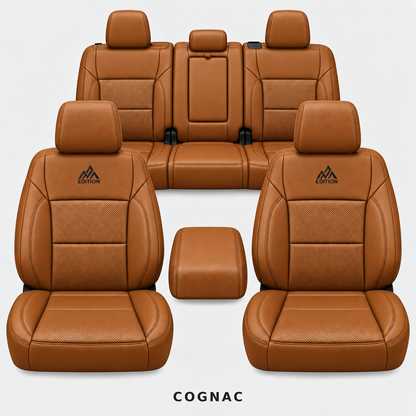 Ford F-150 and Super Duty seat covers in Cognac leather by OFFactory, OEM-style made-to-order set.