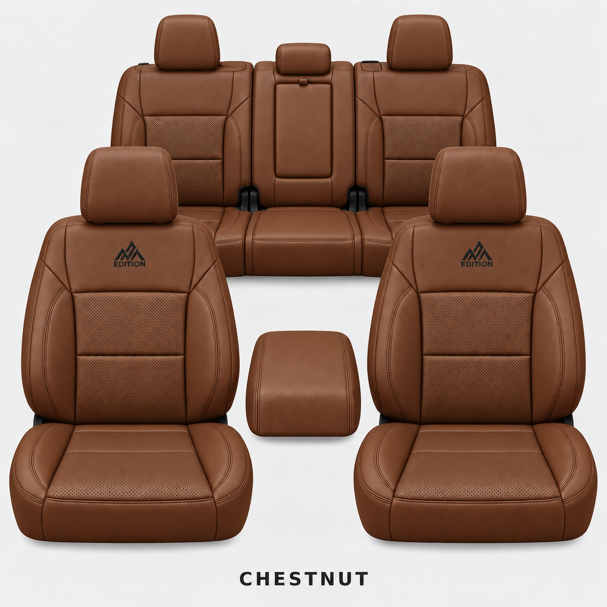 Ford F-150 and Super Duty seat covers in Chestnut leather by OFFactory, OEM-style made-to-order set.