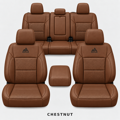 Ford F-150 and Super Duty seat covers in Chestnut leather by OFFactory, OEM-style made-to-order set.