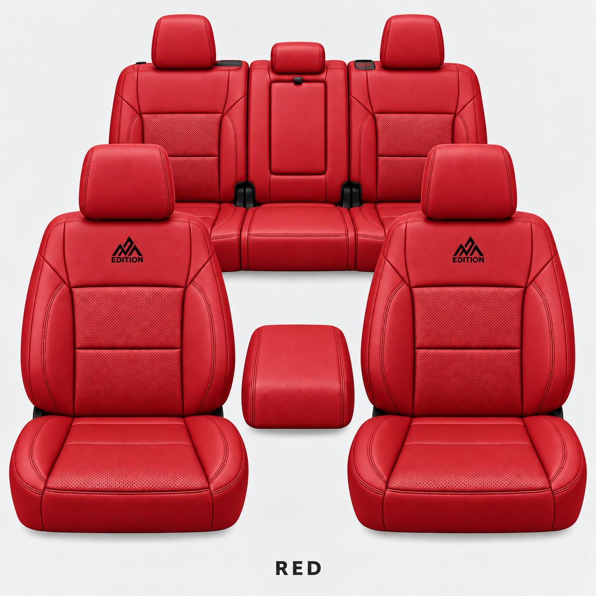Ford F-150 and Super Duty seat covers in Red leather by OFFactory, OEM-style made-to-order set.