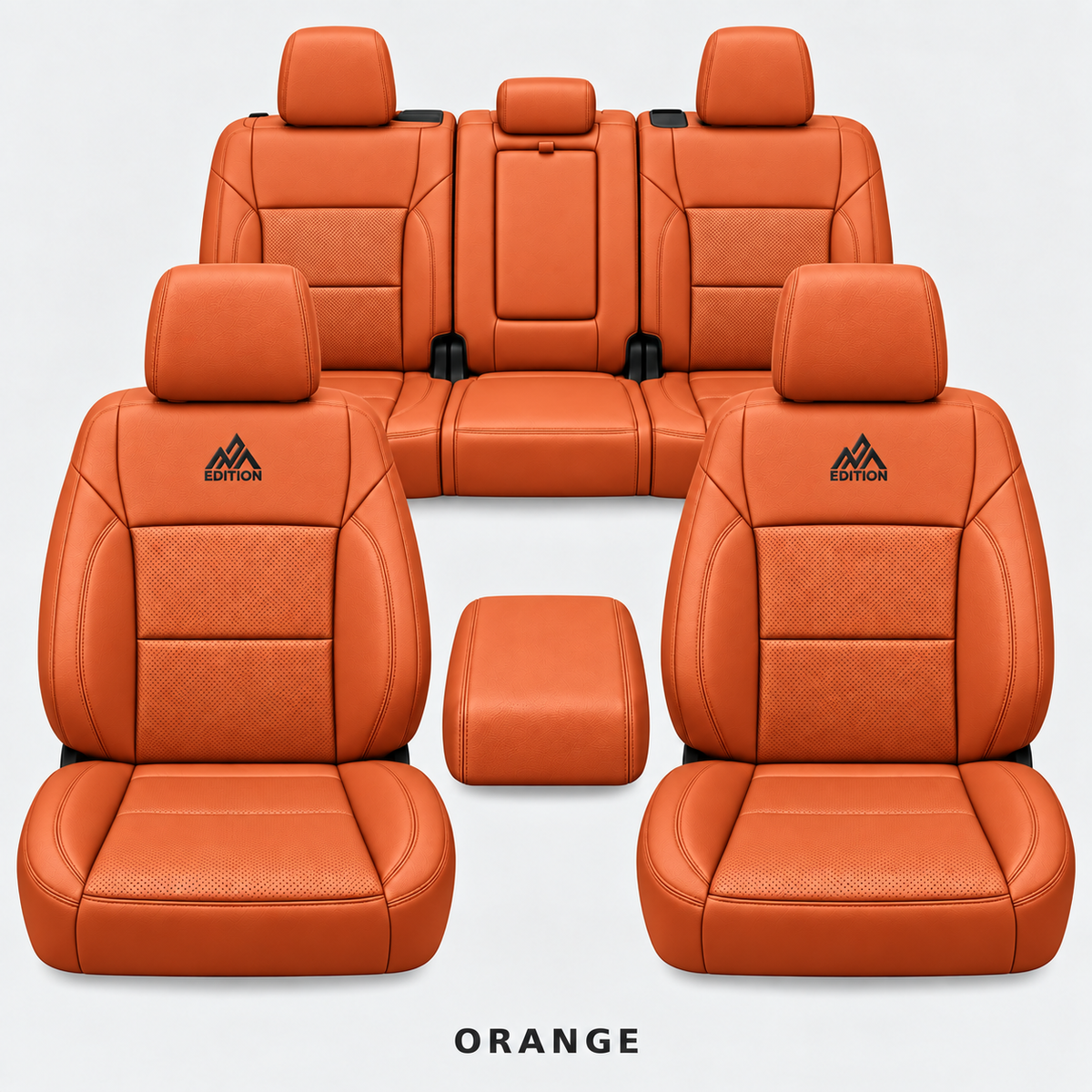 Ford F-150 and Super Duty seat covers in Orange leather by OFFactory, OEM-style made-to-order set.