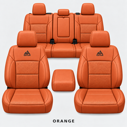 Ford F-150 and Super Duty seat covers in Orange leather by OFFactory, OEM-style made-to-order set.