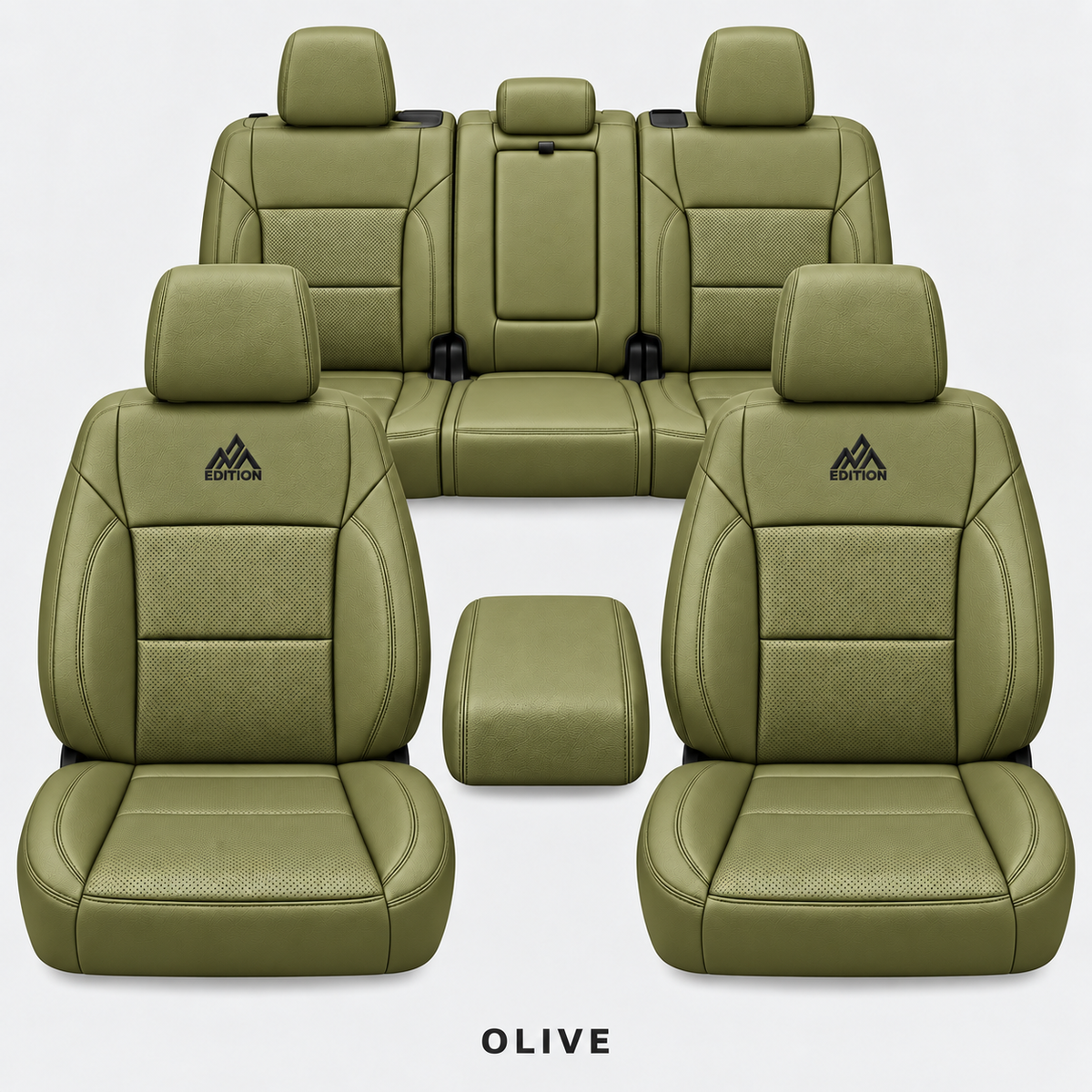 Ford F-150 and Super Duty seat covers in Olive leather by OFFactory, OEM-style made-to-order set.