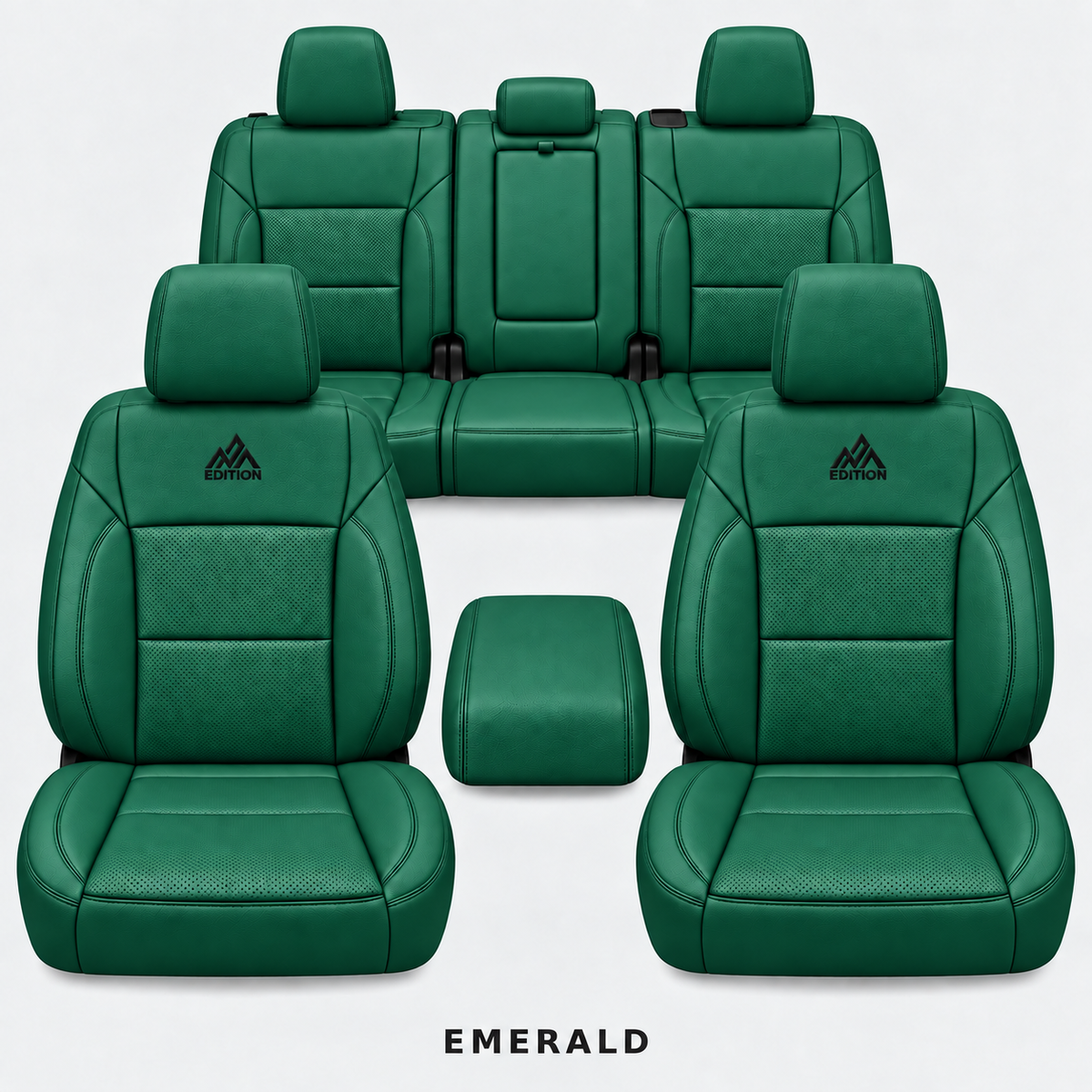 Ford F-150 and Super Duty seat covers in Emerald leather by OFFactory, OEM-style made-to-order set.