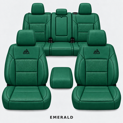 Ford F-150 and Super Duty seat covers in Emerald leather by OFFactory, OEM-style made-to-order set.