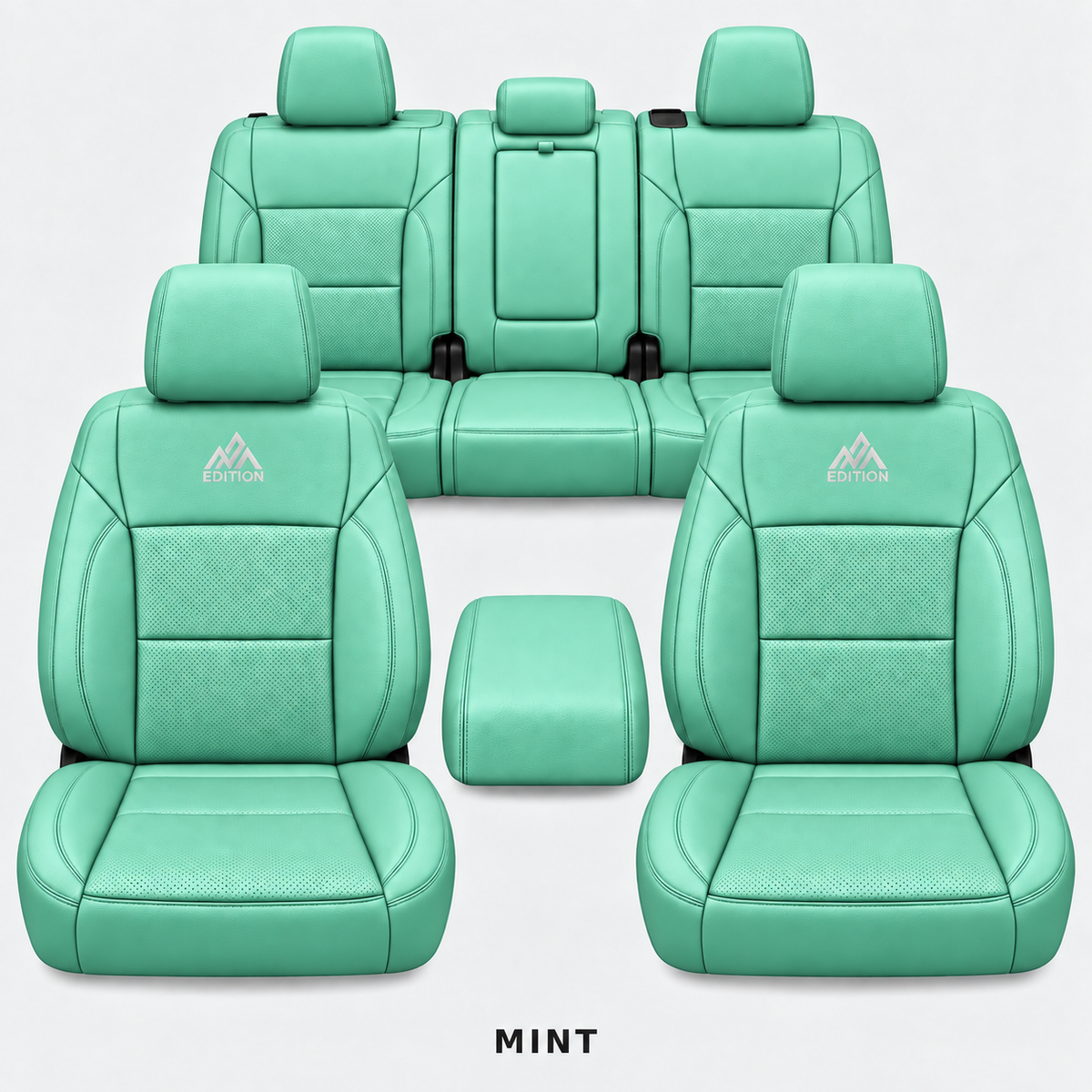 Ford F-150 and Super Duty seat covers in Mint leather by OFFactory, OEM-style made-to-order set.