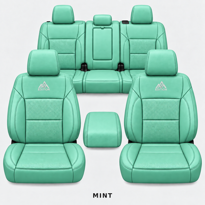 Ford F-150 and Super Duty seat covers in Mint leather by OFFactory, OEM-style made-to-order set.