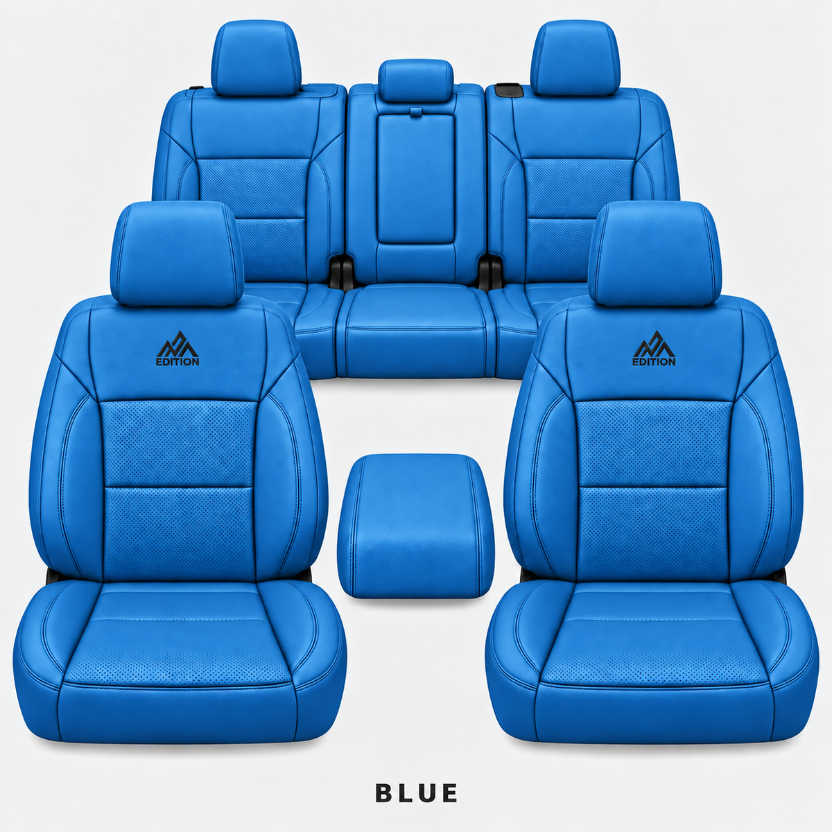 Ford F-150 and Super Duty seat covers in Blue leather by OFFactory, OEM-style made-to-order set.