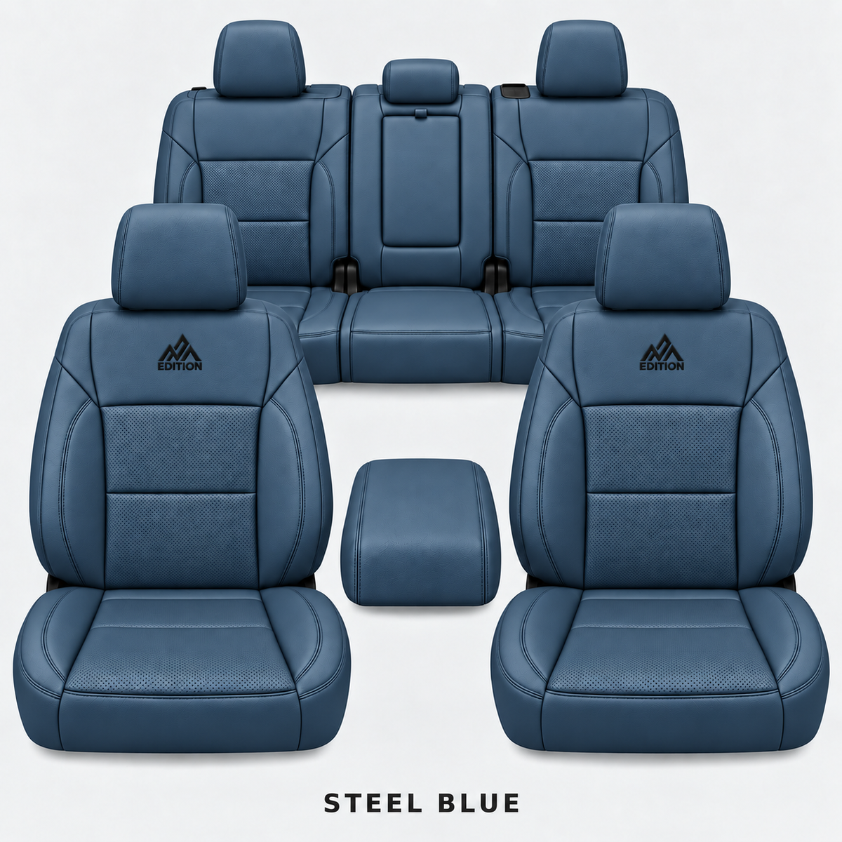 Ford F-150 and Super Duty seat covers in Steel Blue leather by OFFactory, OEM-style made-to-order set.