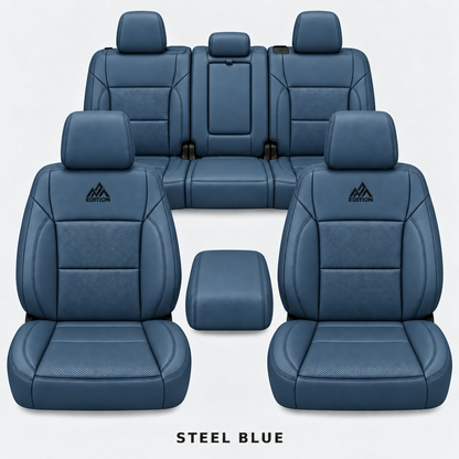 Ford F-150 and Super Duty seat covers in Steel Blue leather by OFFactory, OEM-style made-to-order set.