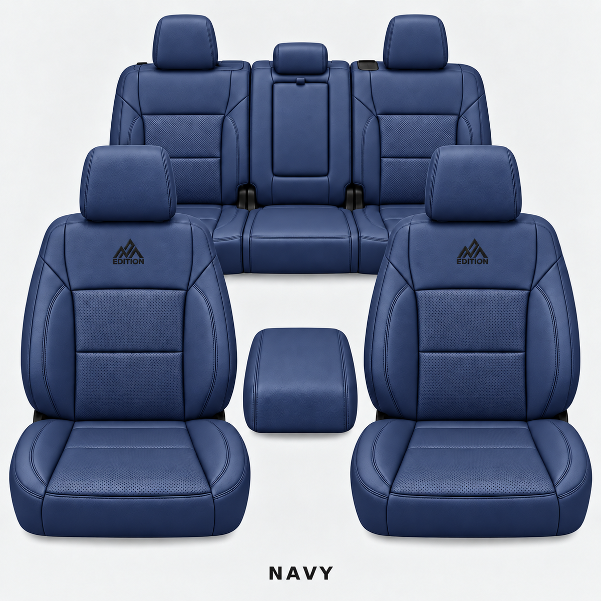 Ford F-150 and Super Duty seat covers in Navy leather by OFFactory, OEM-style made-to-order set.