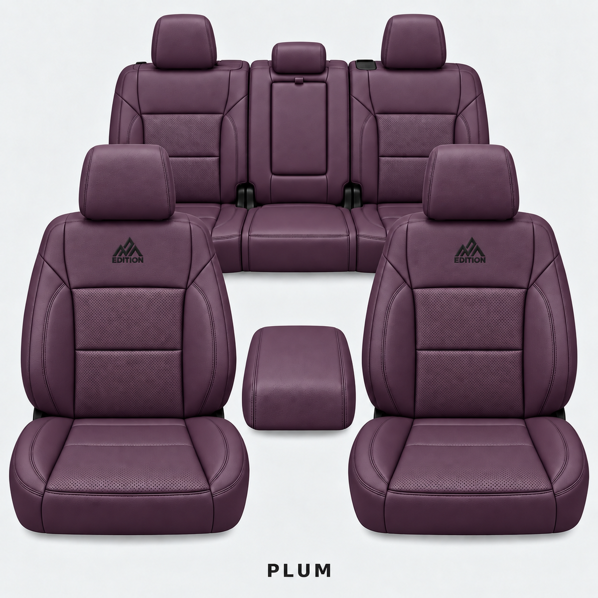 Ford F-150 and Super Duty seat covers in Plum leather by OFFactory, OEM-style made-to-order set.