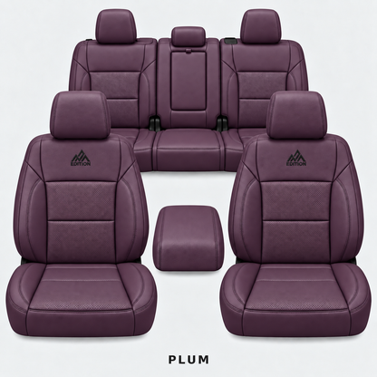 Ford F-150 and Super Duty seat covers in Plum leather by OFFactory, OEM-style made-to-order set.