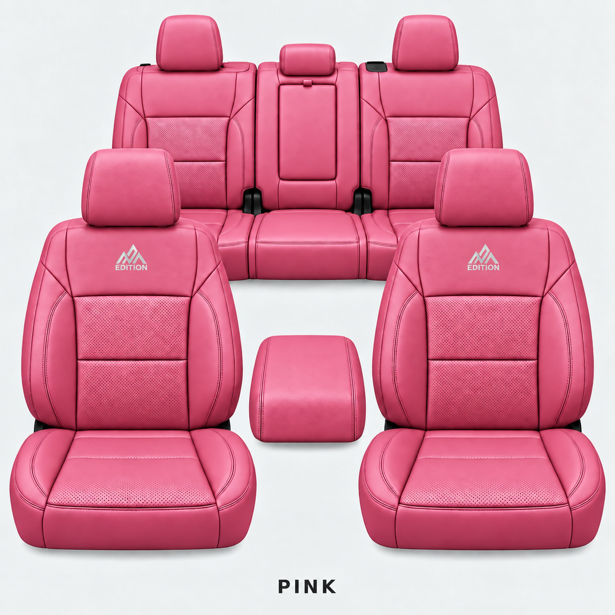 Ford F-150 and Super Duty seat covers in Pink leather by OFFactory, OEM-style made-to-order set.