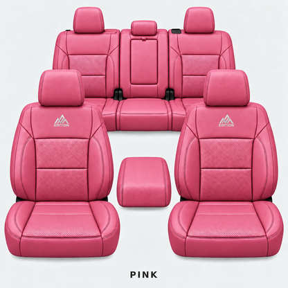 Ford F-150 and Super Duty seat covers in Pink leather by OFFactory, OEM-style made-to-order set.