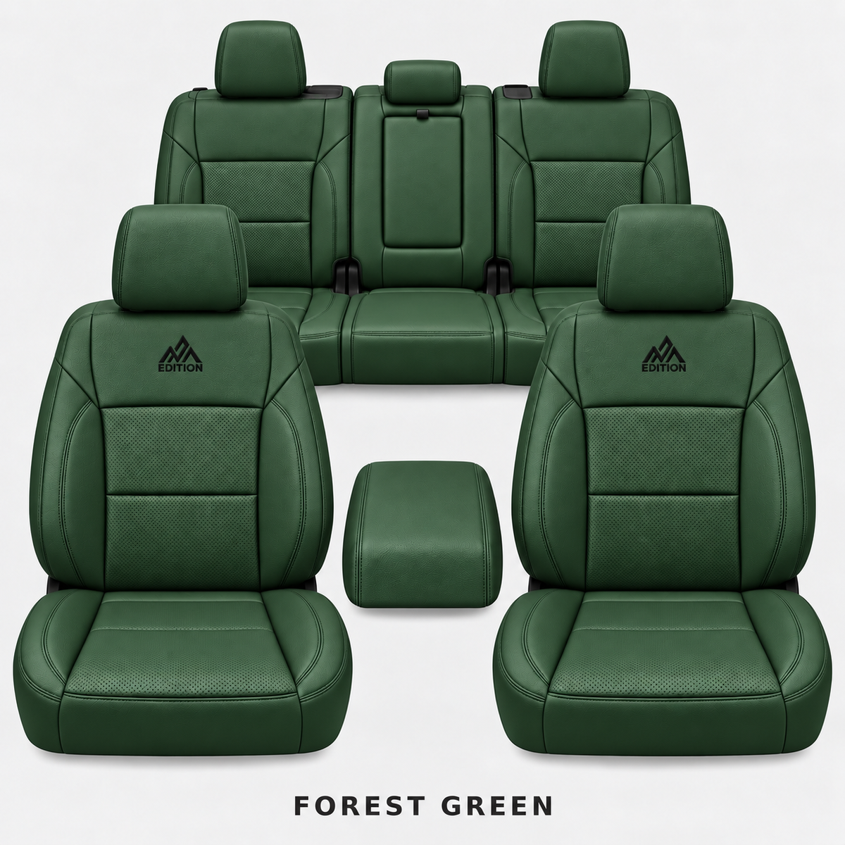 Ford F-150 and Super Duty seat covers in Forest Green leather by OFFactory, OEM-style made-to-order set.