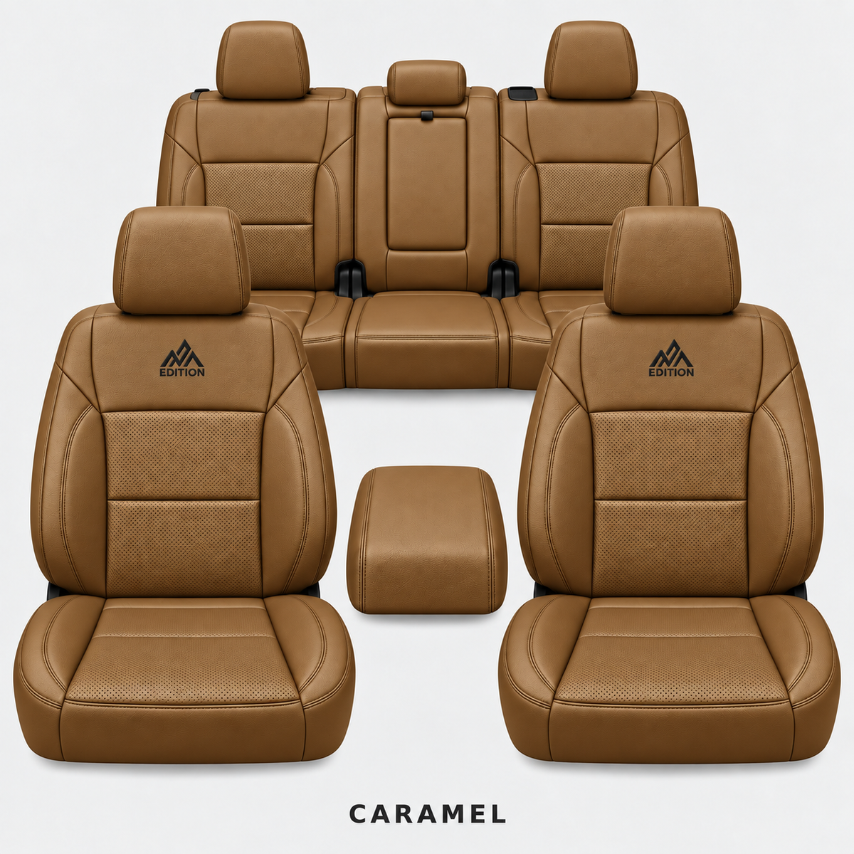 Ford F-150 and Super Duty seat covers in Caramel leather by OFFactory, OEM-style made-to-order set.