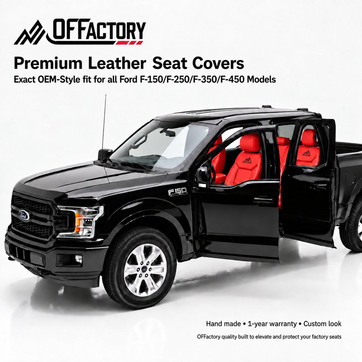 OFFactory OEM-style custom leather seat covers installed in a Ford F-150, exact factory fit with premium stitching.