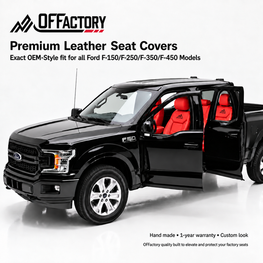 OFFactory OEM-style custom leather seat covers installed in a Ford F-150, exact factory fit with premium stitching.