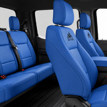 Ford F-150 front seats with OFFactory made-to-order leather seat covers, OEM-style shape and contrast stitching.