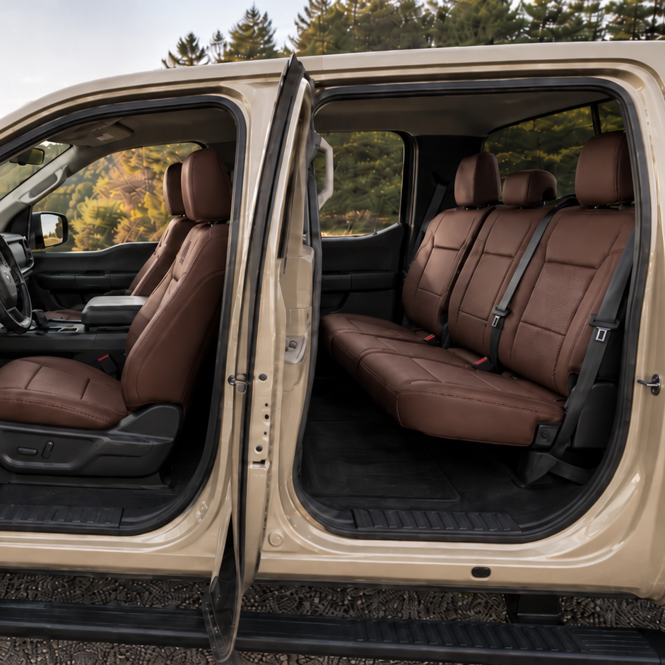 Close-up of OFFactory leather seat cover stitching detail on a Ford F-Series truck seat.