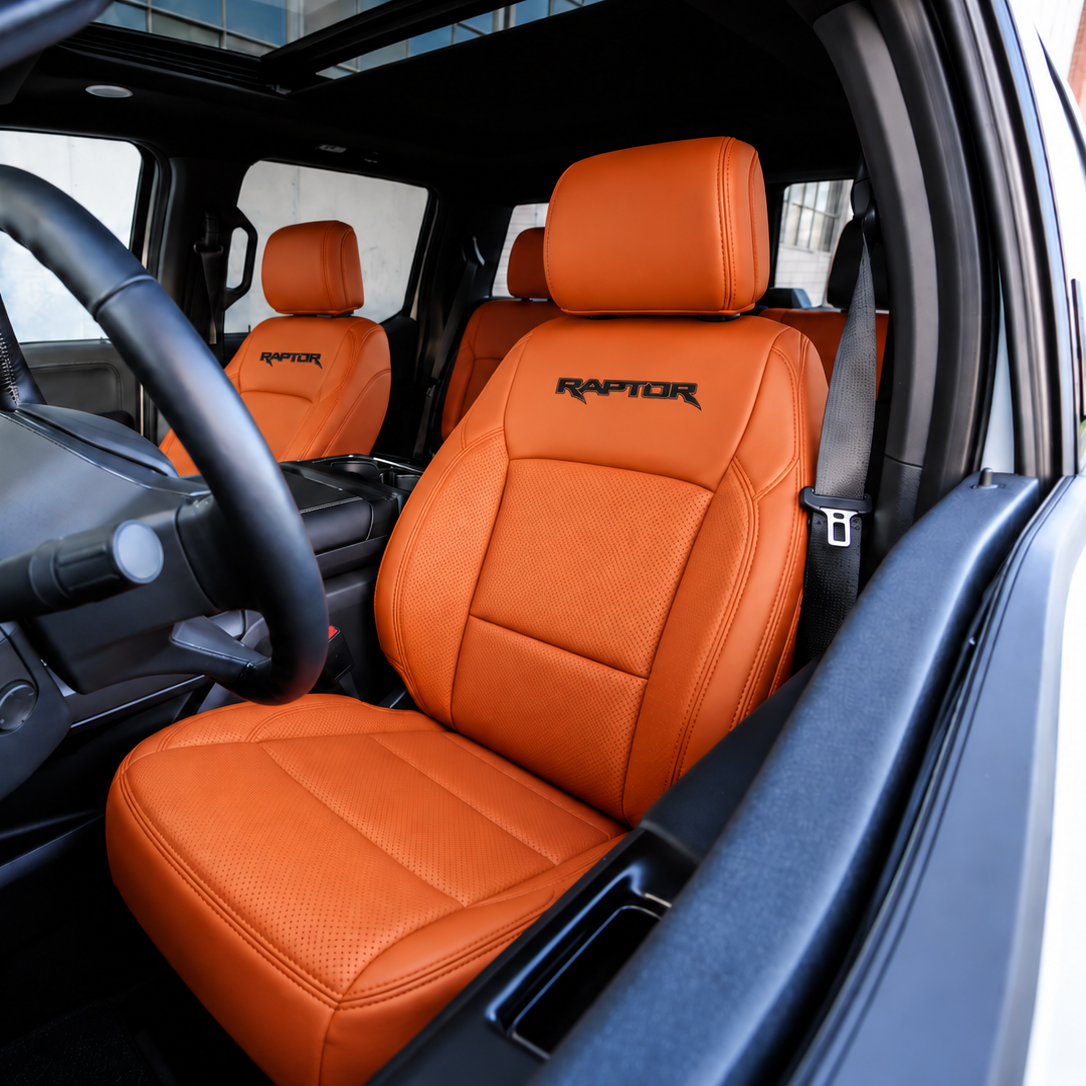 Ford Super Duty interior fitted with custom OFFactory leather seat covers, front and rear set.