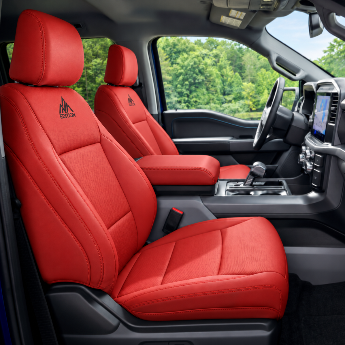 OFFactory custom leather seat covers for Ford F-250 SuperCrew, showing rear bench coverage with headrests.