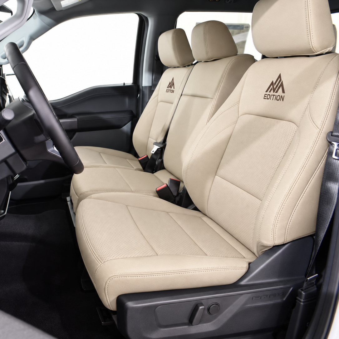 Ford F-Series seats protected by OFFactory made-to-order leather covers with custom stitched logo.