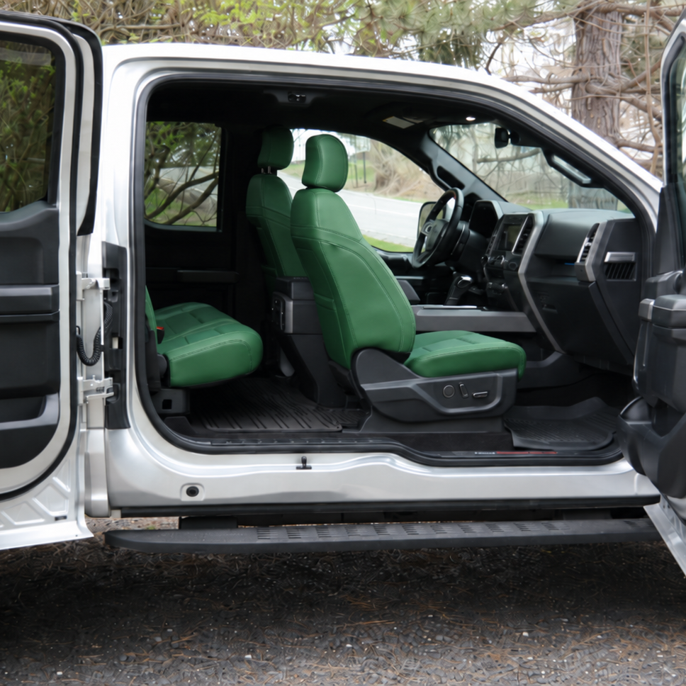 Custom-colored OFFactory leather seat covers installed in a Ford F-150, factory-inspired design.