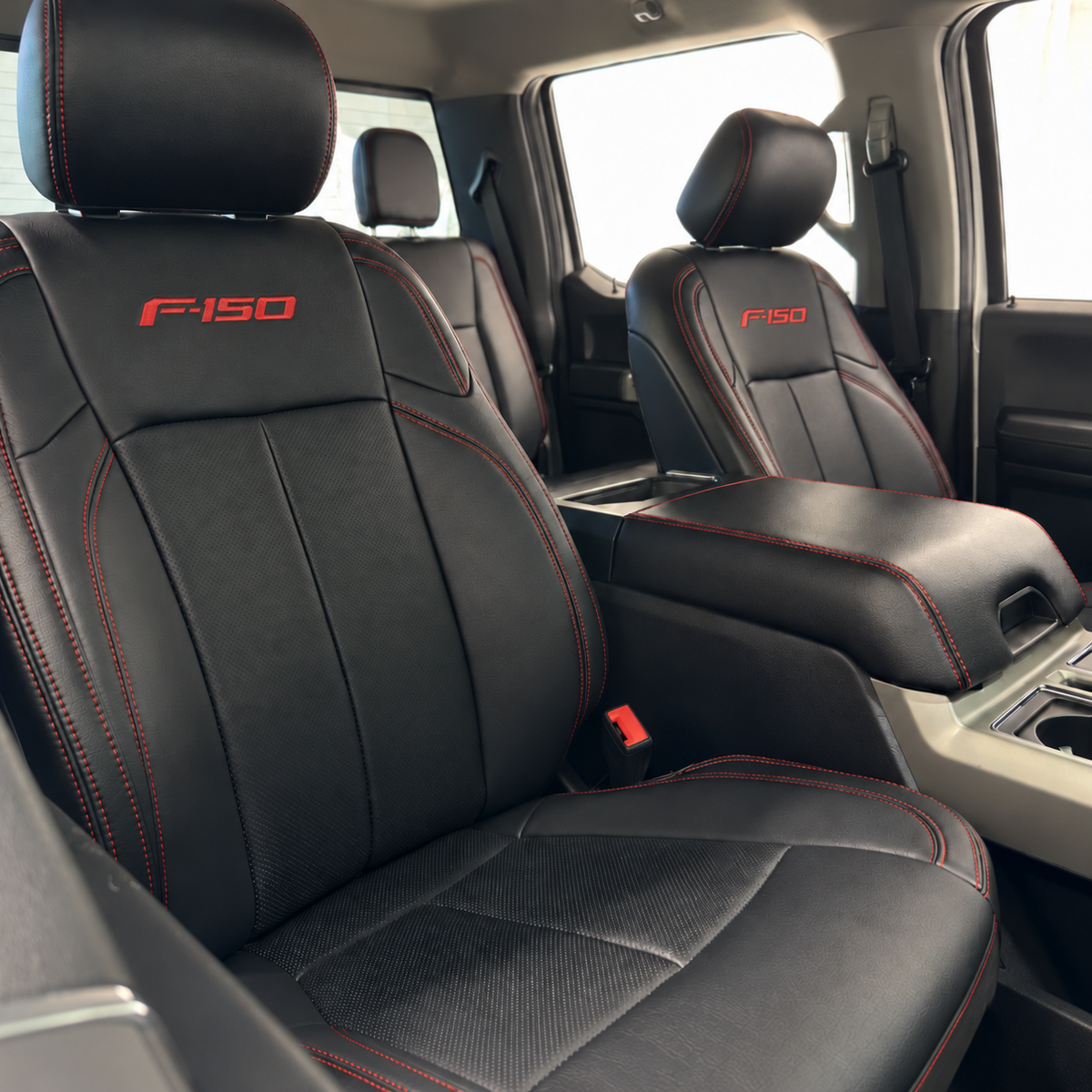 OFFactory leather seat covers for Ford F-150 and Super Duty, made to order with choice of stitching and logo.