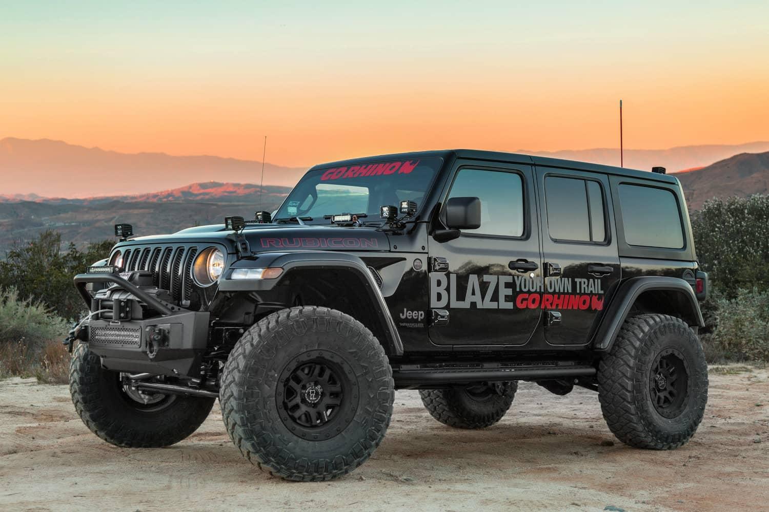 Go Rhino Rockline Stubby Front Winch Bumper with Overrider Bar for Jeep Wrangler JK/JL and Gladiator JT, angle view of bumper design