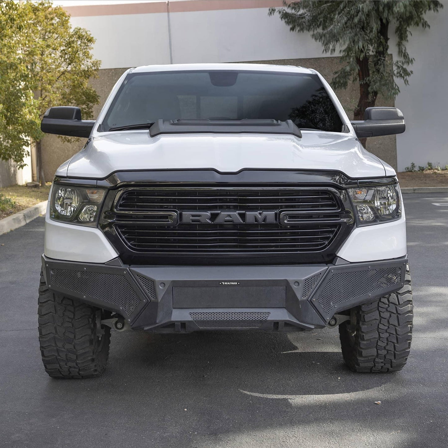 Go Rhino front bumper for 2019-2024 RAM 1500, durable off-road bumper with a rugged design, shown in black finish.