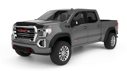 Husky Liners flare set for GMC 1500 trucks, four fender flares from 19 to 26 model years, durable black plastic design.