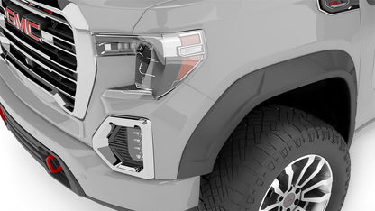 Husky Liners flare set for GMC 1500 trucks, includes four durable fender flares from size 19 to 26 inches, black finish.