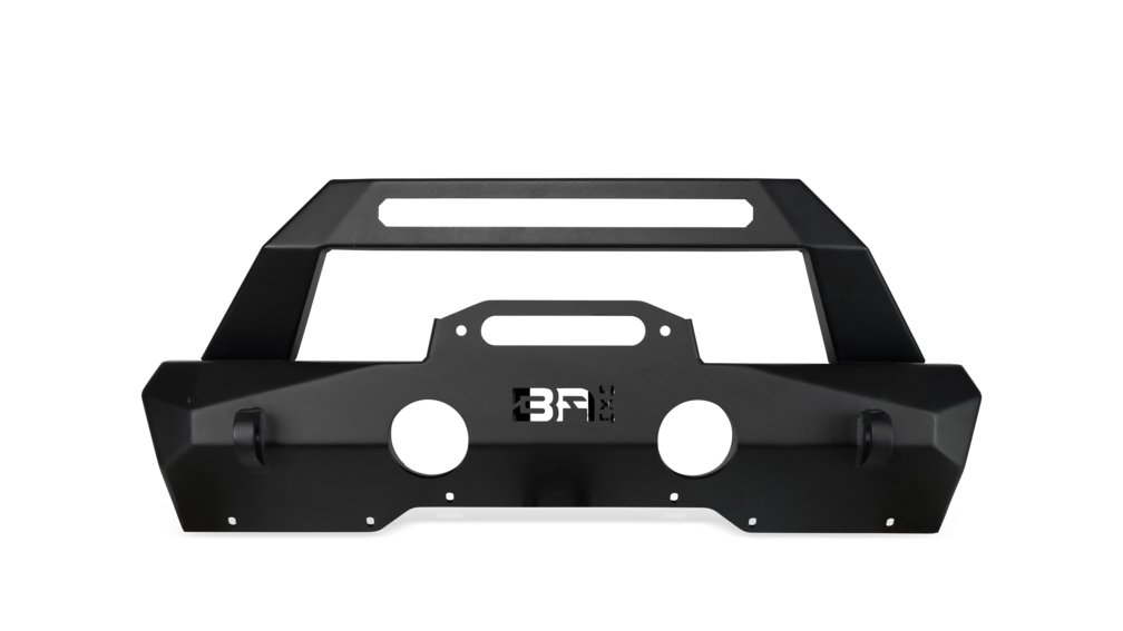 Body Armor Orion front bumper for 2007-2026 Jeep Wrangler JK, JL, and Gladiator JT by 4X4 WAVERS, shown installed on a Jeep.