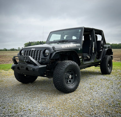 4X4 WAVERS Body Armor Orion front bumper for 2007-2026 Jeep Wrangler JK, JL, and Gladiator JT, showcasing rugged steel construction.