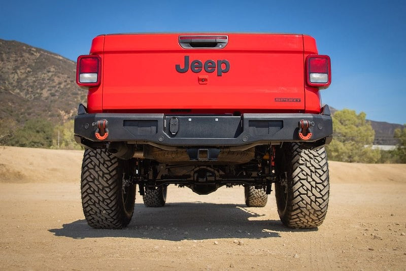 Rear bumper for Jeep Gladiator 2019-2026 with body armor, made by 4X4 WAVERS, showcasing rugged off-road protection and durable construction.