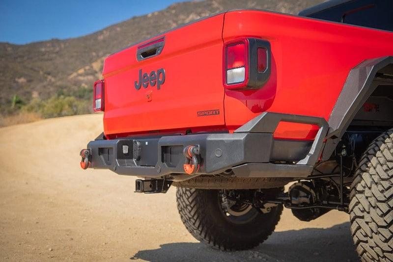 Rear bumper for Jeep Gladiator 2019-2026, Body Armor by 4X4 WAVERS, heavy-duty off-road vehicle protection in black finish.