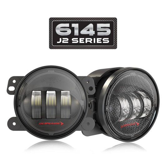 Pair of JW Speaker 6145J2 LED fog lights for 2007-2018 Jeep Wrangler JK, designed for improved visibility in foggy conditions.